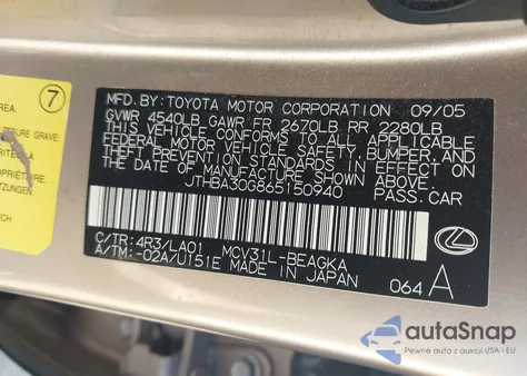 2006 Lexus Es 330 z USA, uszkodzony, nr VIN JTHBA30G865150940